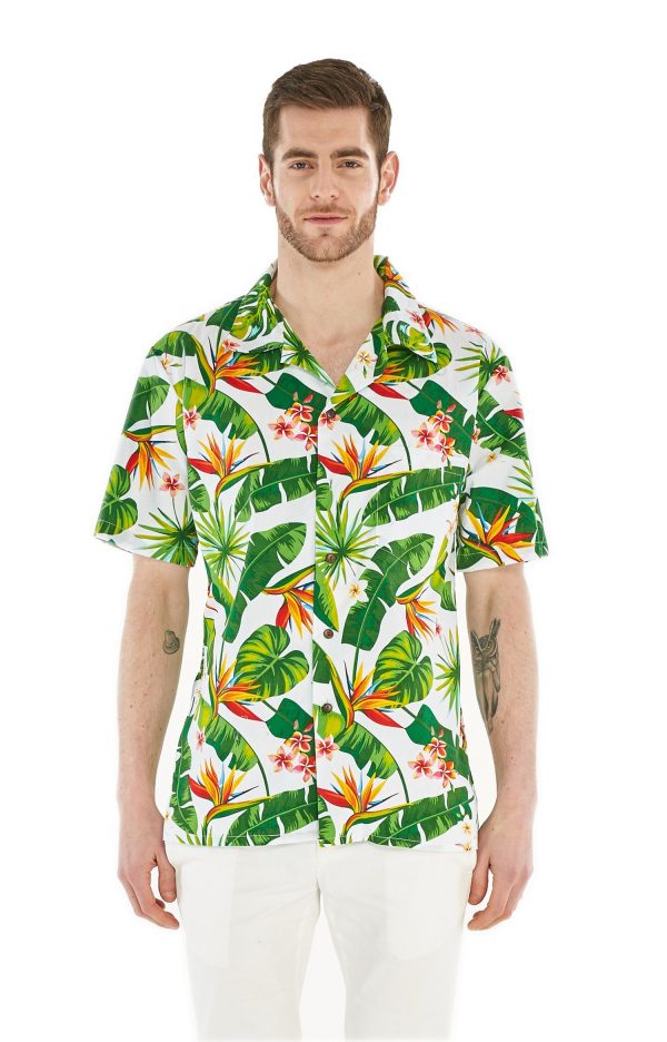 Men's Hawaiian Shirt - Polyester Bird of Paradise White Aloha Print Shirt