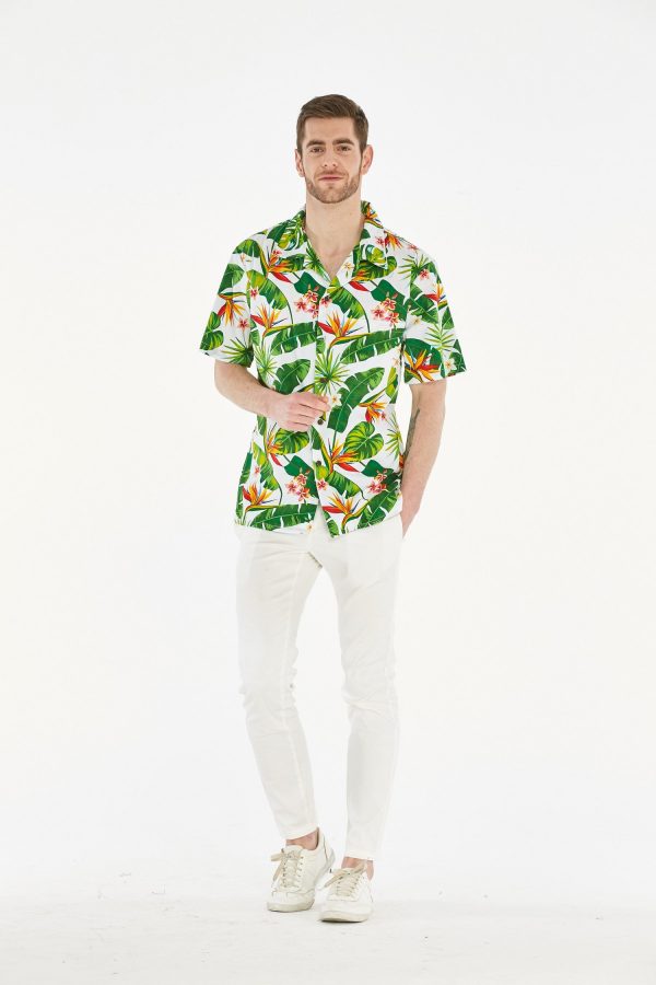 Men's Hawaiian Shirt - Polyester Bird of Paradise White Aloha Print Shirt - Image 3