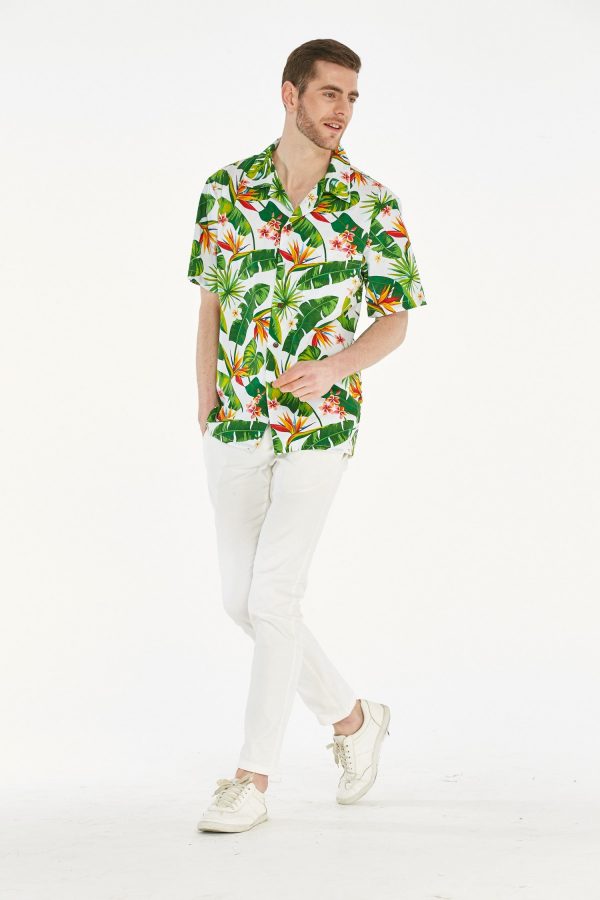 Men's Hawaiian Shirt - Polyester Bird of Paradise White Aloha Print Shirt - Image 4