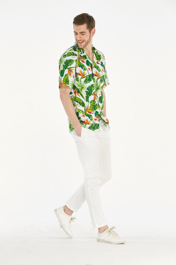 Men's Hawaiian Shirt - Polyester Bird of Paradise White Aloha Print Shirt - Image 5