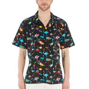 Men's Hawaiian Shirt - Polyester Flamingo Party Black Aloha Print Shirt