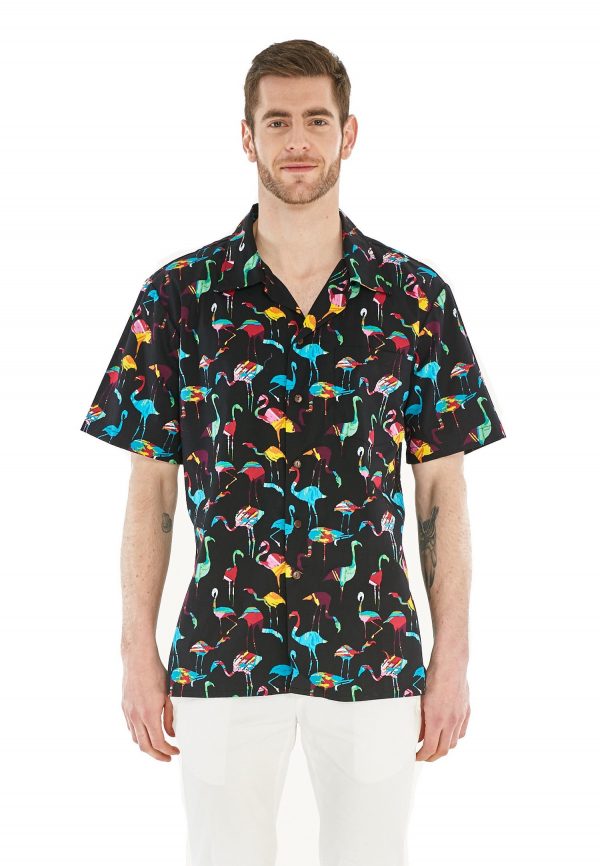 Men's Hawaiian Shirt - Polyester Flamingo Party Black Aloha Print Shirt