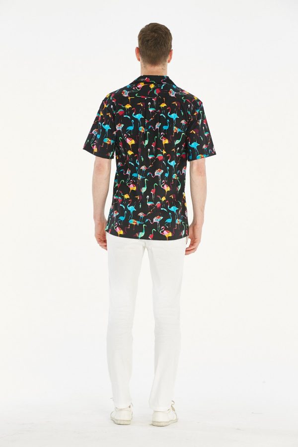 Men's Hawaiian Shirt - Polyester Flamingo Party Black Aloha Print Shirt - Image 2