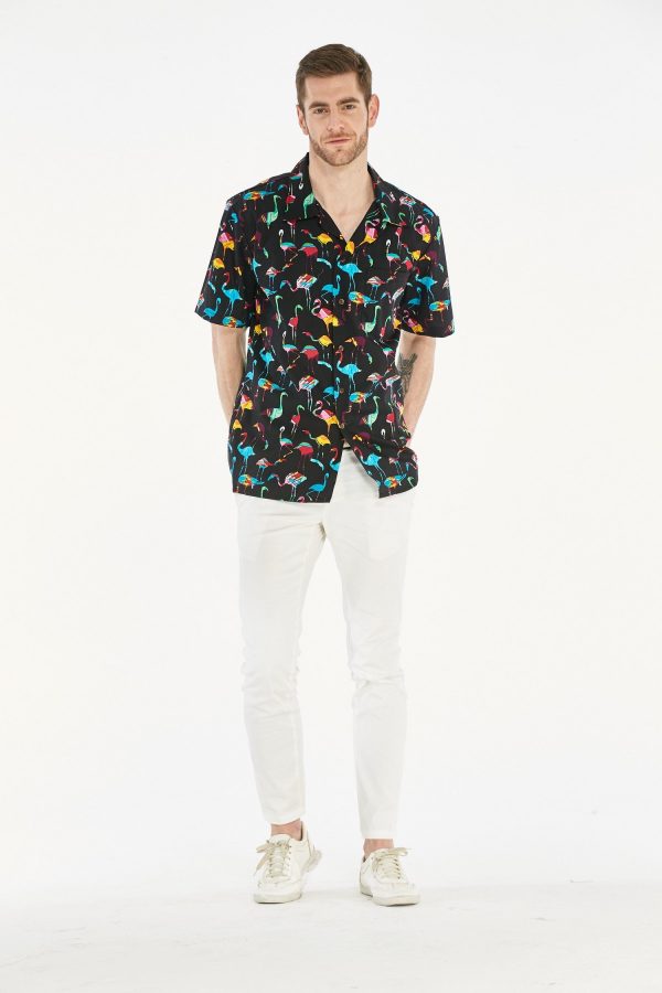 Men's Hawaiian Shirt - Polyester Flamingo Party Black Aloha Print Shirt - Image 3