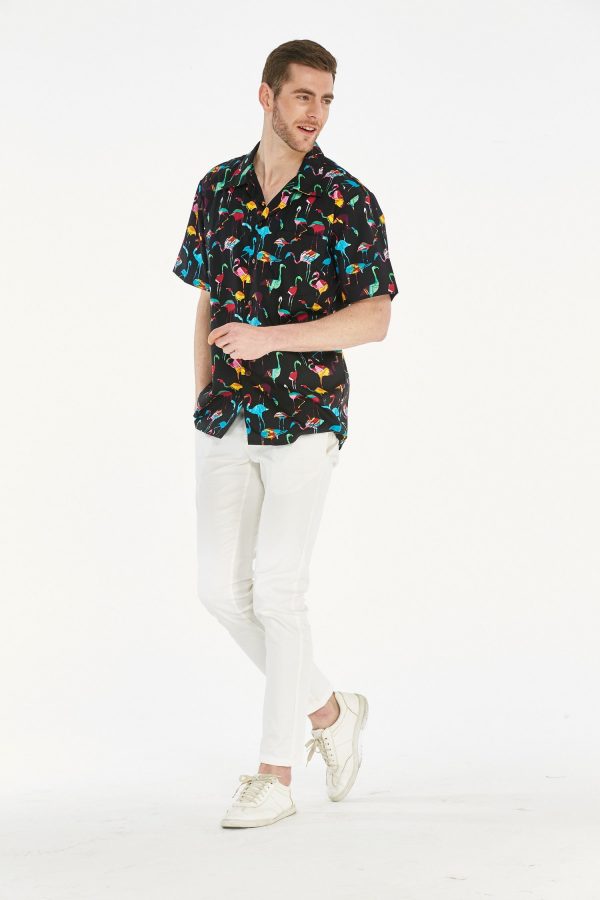 Men's Hawaiian Shirt - Polyester Flamingo Party Black Aloha Print Shirt - Image 4