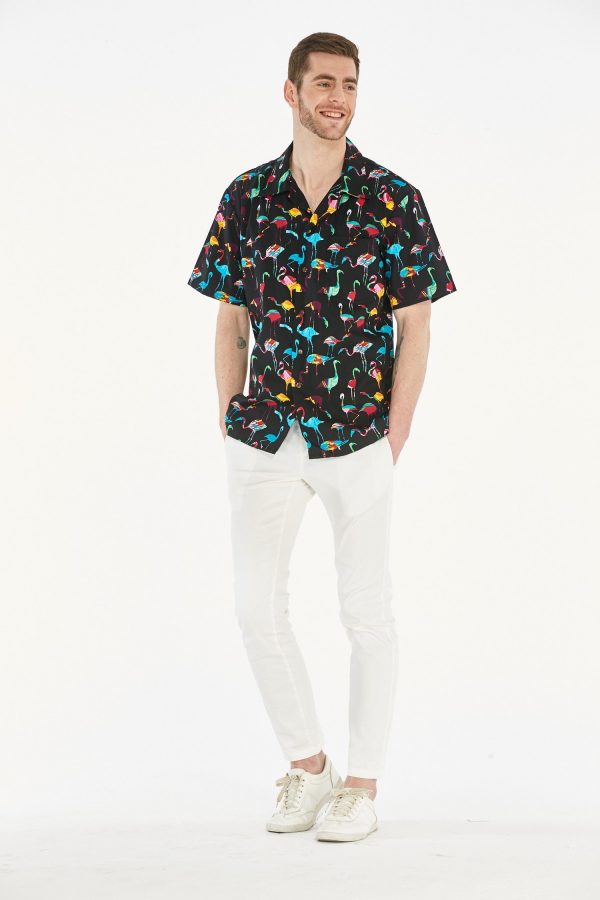 Men's Hawaiian Shirt - Polyester Flamingo Party Black Aloha Print Shirt - Image 5