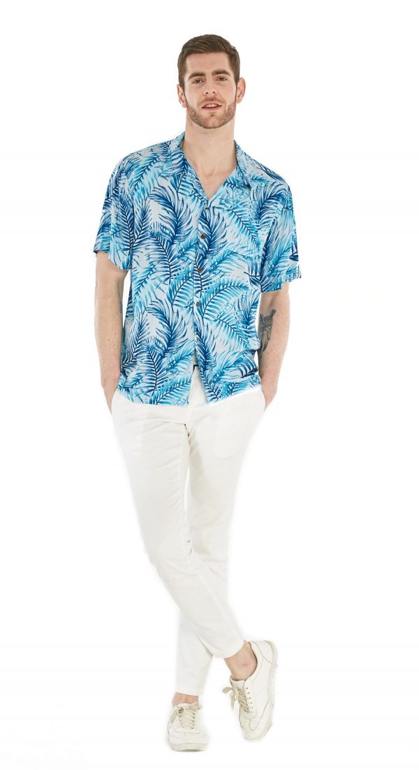 Men's Hawaiian Shirt - Polyester Simply Blue Leaf Aloha Print Shirt - Image 6
