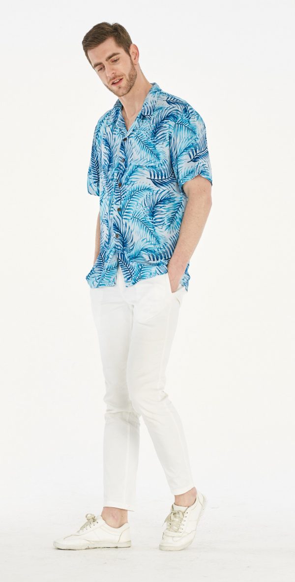 Men's Hawaiian Shirt - Polyester Simply Blue Leaf Aloha Print Shirt - Image 3