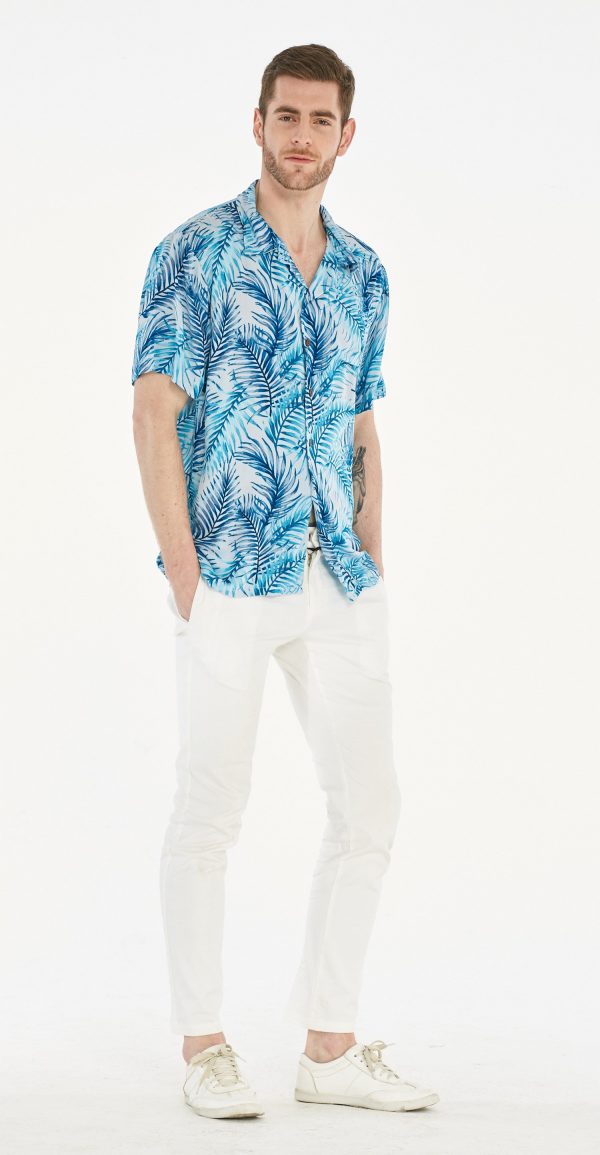 Men's Hawaiian Shirt - Polyester Simply Blue Leaf Aloha Print Shirt - Image 4