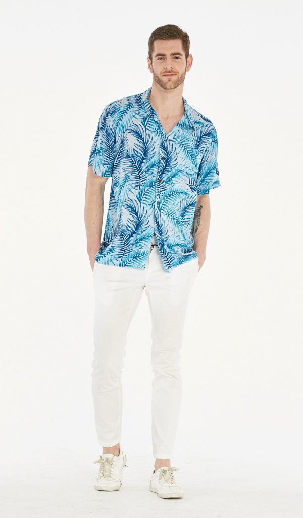 Men's Hawaiian Shirt - Polyester Simply Blue Leaf Aloha Print Shirt - Image 5