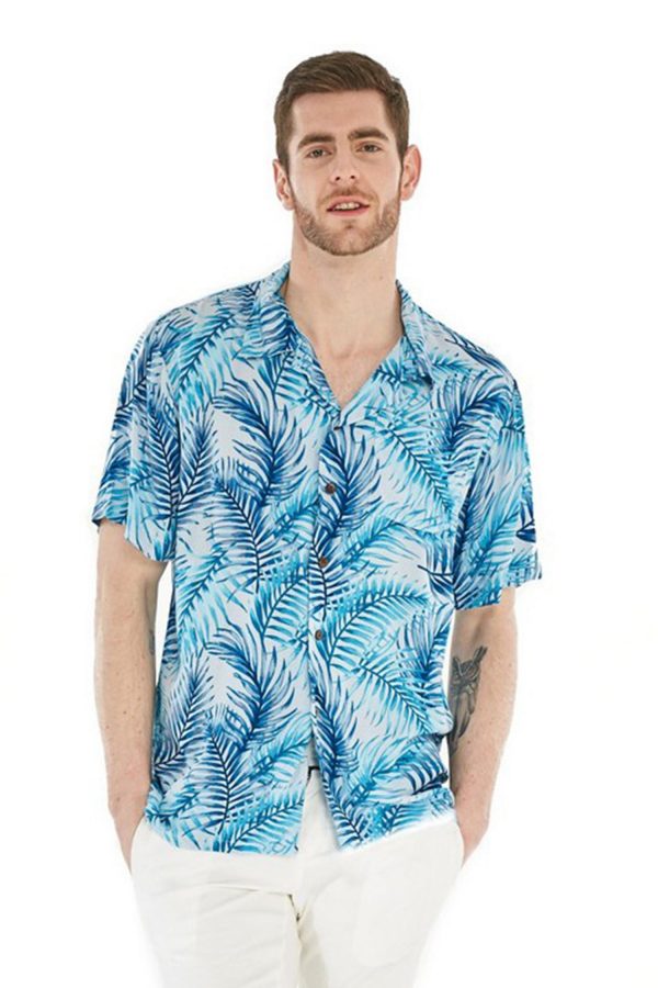 Men's Hawaiian Shirt - Polyester Simply Blue Leaf Aloha Print Shirt