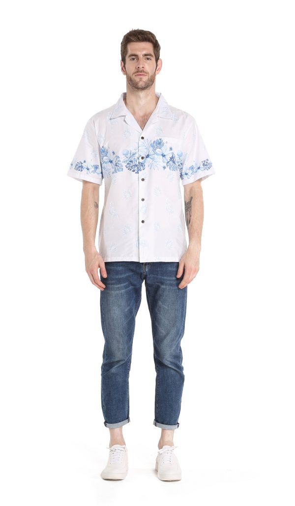 Men's Hawaiian Shirt - Polyester White Cross Hibiscus White Aloha Print Shirt