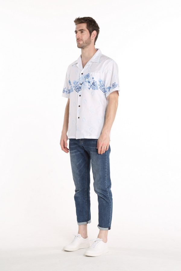 Men's Hawaiian Shirt - Polyester White Cross Hibiscus White Aloha Print Shirt - Image 2
