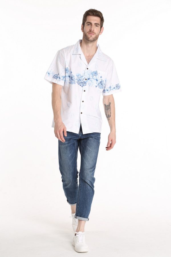 Men's Hawaiian Shirt - Polyester White Cross Hibiscus White Aloha Print Shirt - Image 4