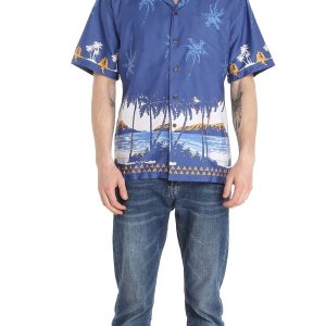 Men's Hawaiian Shirt - Polyester Diamond Head Navy Aloha Print Shirt