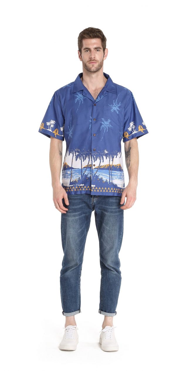 Men's Hawaiian Shirt - Polyester Diamond Head Navy Aloha Print Shirt