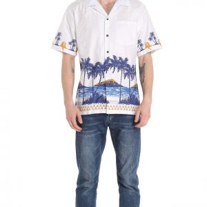 Men's Hawaiian Shirt - Polyester Diamond Head White Aloha Print Shirt