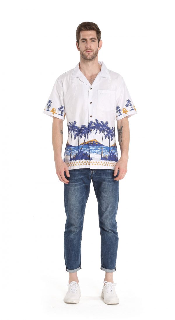 Men's Hawaiian Shirt - Polyester Diamond Head White Aloha Print Shirt