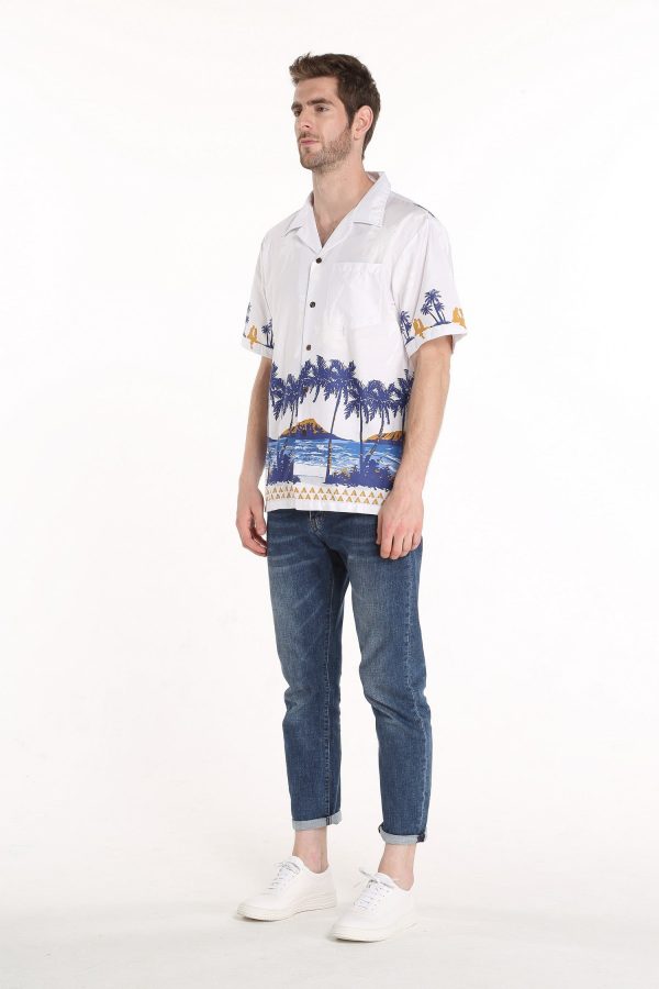 Men's Hawaiian Shirt - Polyester Diamond Head White Aloha Print Shirt - Image 2