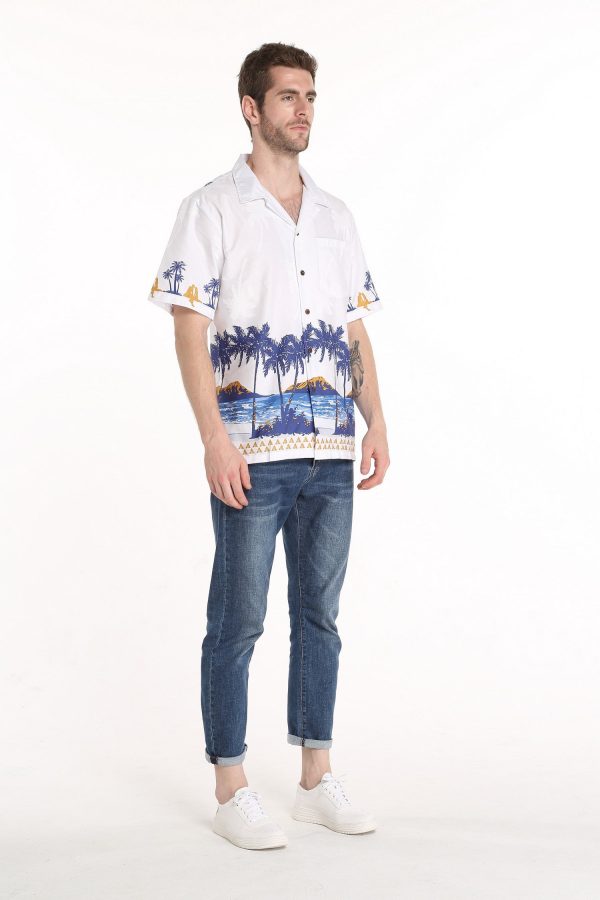 Men's Hawaiian Shirt - Polyester Diamond Head White Aloha Print Shirt - Image 3