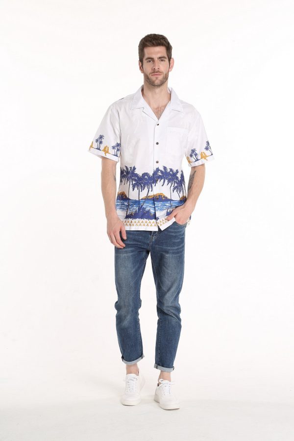 Men's Hawaiian Shirt - Polyester Diamond Head White Aloha Print Shirt - Image 4