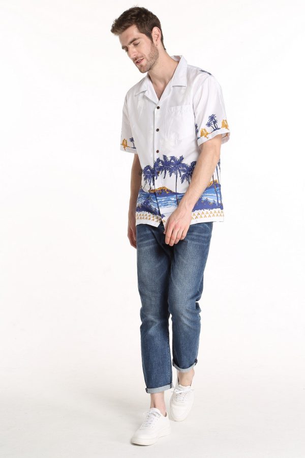 Men's Hawaiian Shirt - Polyester Diamond Head White Aloha Print Shirt - Image 5