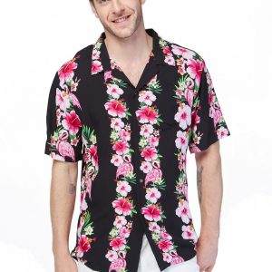 Men's Hawaiian Shirt - Polyester Pink Black Hibiscus Vine Aloha Print Shirt