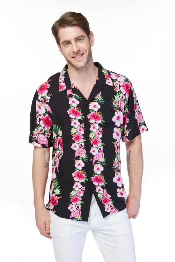 Men's Hawaiian Shirt - Polyester Pink Black Hibiscus Vine Aloha Print Shirt