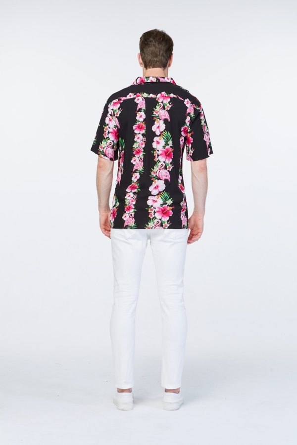 Men's Hawaiian Shirt - Polyester Pink Black Hibiscus Vine Aloha Print Shirt - Image 2