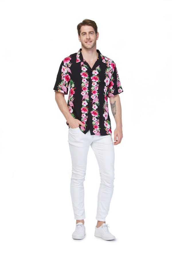 Men's Hawaiian Shirt - Polyester Pink Black Hibiscus Vine Aloha Print Shirt - Image 3