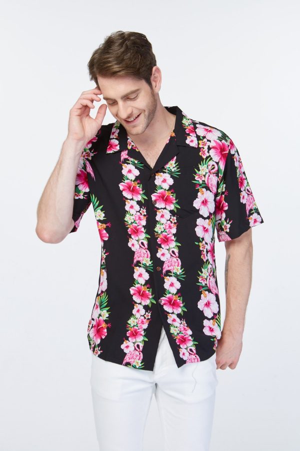 Men's Hawaiian Shirt - Polyester Pink Black Hibiscus Vine Aloha Print Shirt - Image 4