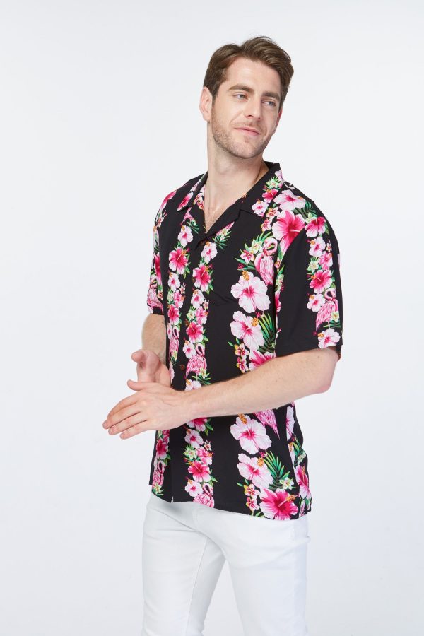 Men's Hawaiian Shirt - Polyester Pink Black Hibiscus Vine Aloha Print Shirt - Image 5