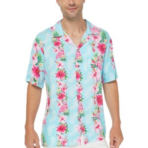 Men's Hawaiian Shirt - Polyester Pink Hibiscus Vine Turquoise Aloha Print Shirt