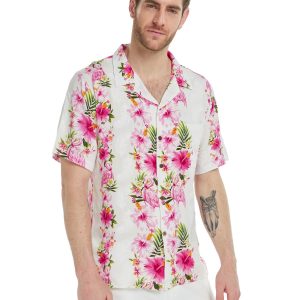 Men's Hawaiian Shirt - Polyester Pink Hibiscus Vine White Aloha Print Shirt