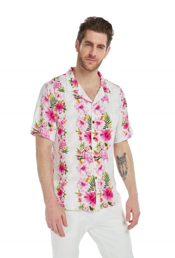 Men's Hawaiian Shirt - Polyester Pink Hibiscus Vine White Aloha Print Shirt