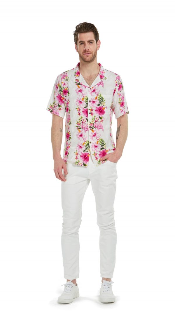 Men's Hawaiian Shirt - Polyester Pink Hibiscus Vine White Aloha Print Shirt - Image 3