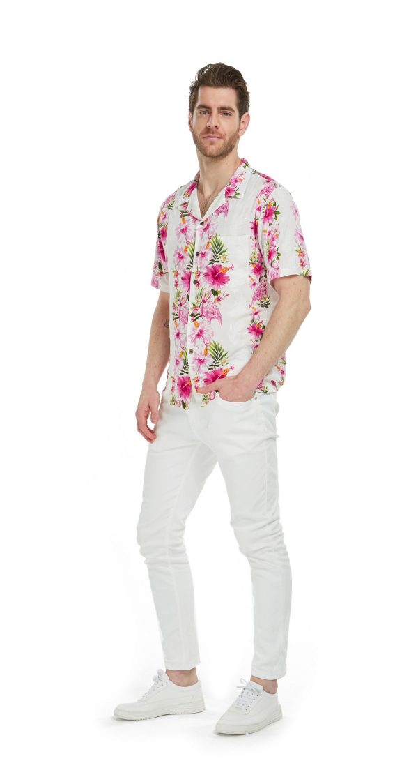 Men's Hawaiian Shirt - Polyester Pink Hibiscus Vine White Aloha Print Shirt - Image 4