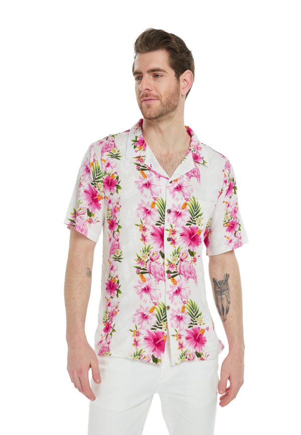 Men's Hawaiian Shirt - Polyester Pink Hibiscus Vine White Aloha Print Shirt - Image 5