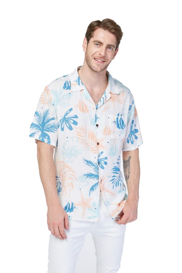 Men's Hawaiian Shirt - Polyester Sandy Beach White Aloha Print Shirt