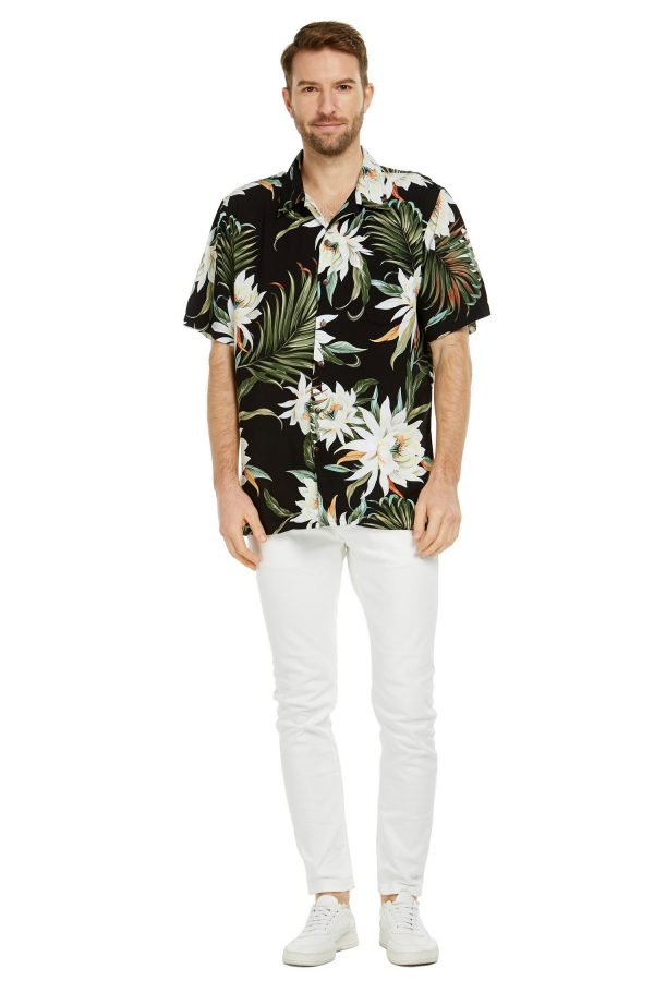 Men's Hawaiian Shirt - Polyester Wispy Cereus Black Aloha Print Shirt - Image 2
