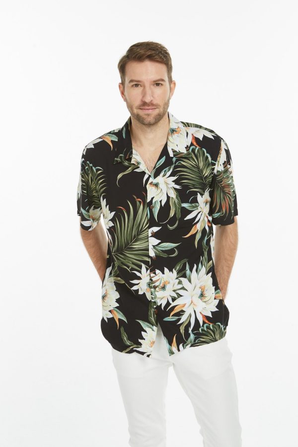 Men's Hawaiian Shirt - Polyester Wispy Cereus Black Aloha Print Shirt - Image 4