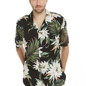 Men's Hawaiian Shirt - Polyester Wispy Cereus Black Aloha Print Shirt