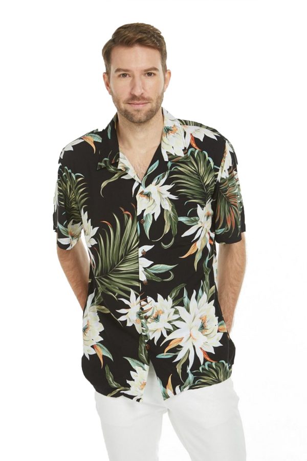 Men's Hawaiian Shirt - Polyester Wispy Cereus Black Aloha Print Shirt