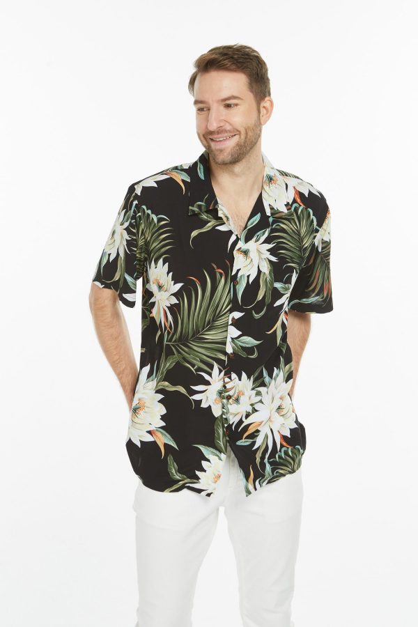 Men's Hawaiian Shirt - Polyester Wispy Cereus Black Aloha Print Shirt - Image 5