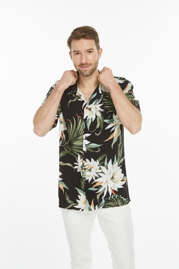 Men's Hawaiian Shirt - Polyester Wispy Cereus Black Aloha Print Shirt - Image 6