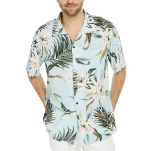Men's Hawaiian Shirt - Polyester Wispy Cereus Light Blue Aloha Print Shirt