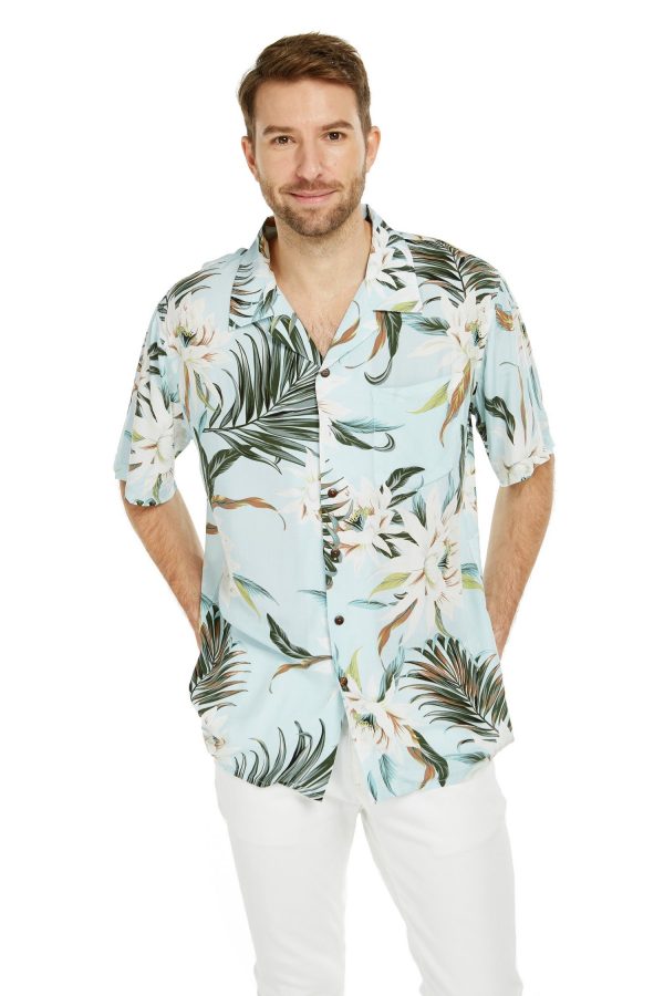 Men's Hawaiian Shirt - Polyester Wispy Cereus Light Blue Aloha Print Shirt