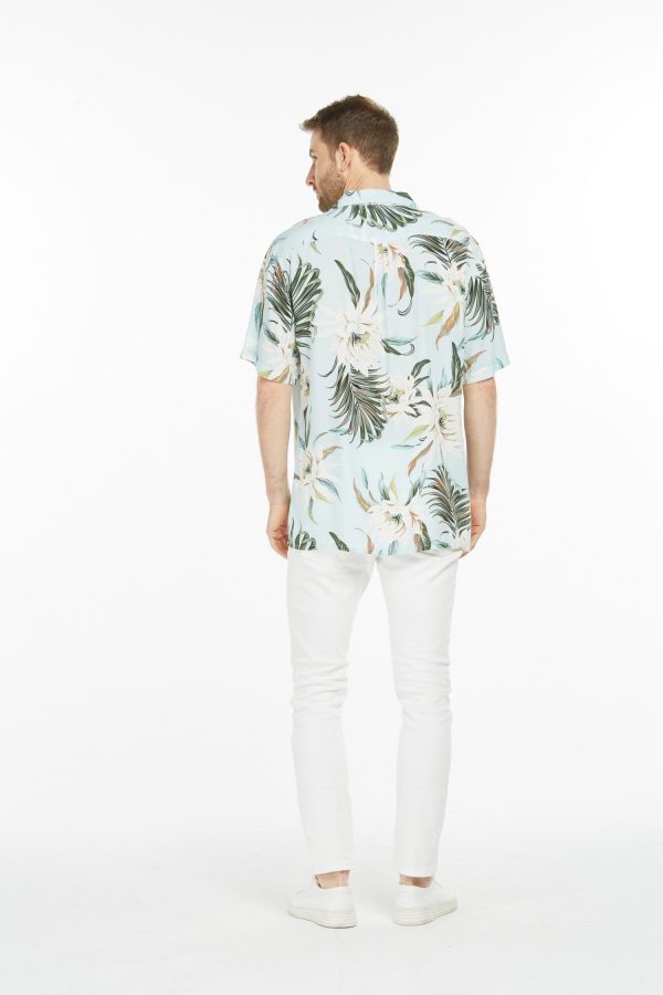 Men's Hawaiian Shirt - Polyester Wispy Cereus Light Blue Aloha Print Shirt - Image 2