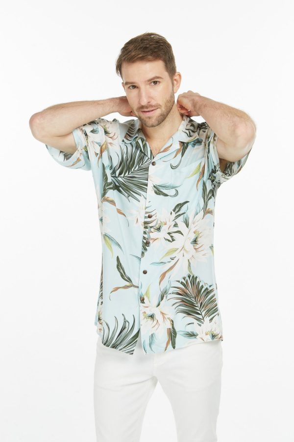 Men's Hawaiian Shirt - Polyester Wispy Cereus Light Blue Aloha Print Shirt - Image 3