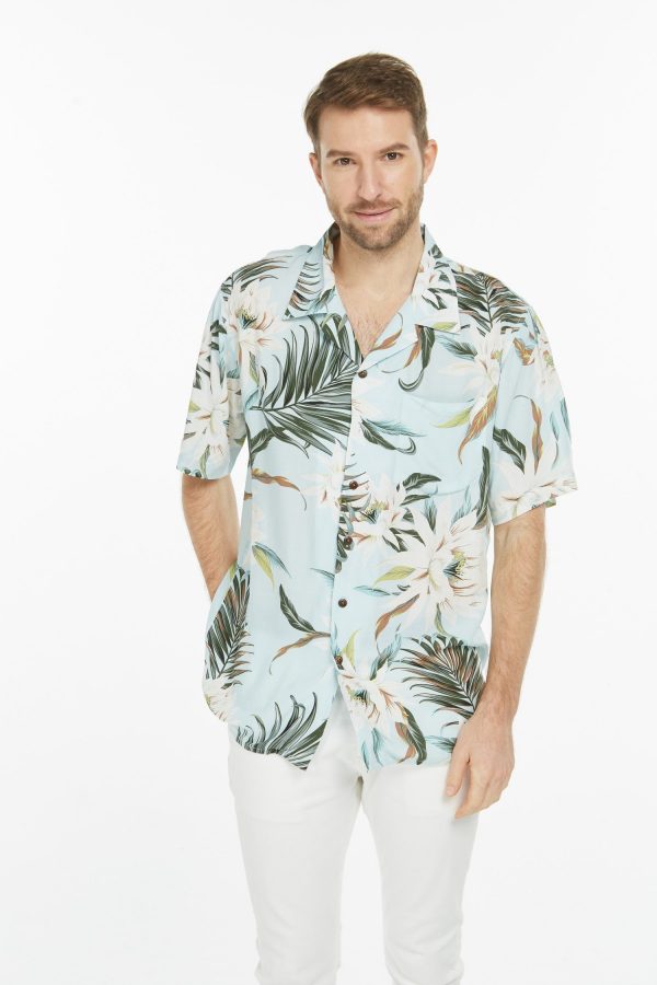 Men's Hawaiian Shirt - Polyester Wispy Cereus Light Blue Aloha Print Shirt - Image 4